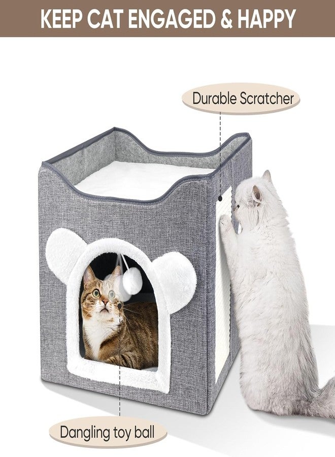 ARJEX Foldable Cat House 2 Layers, Cat Beds for Indoor Cats - Large Cat Cave for Pet Cat House with Fluffy Ball Hanging and Scratch Pad, Foldable Hideaway, 40x40x40 CM - Image 4